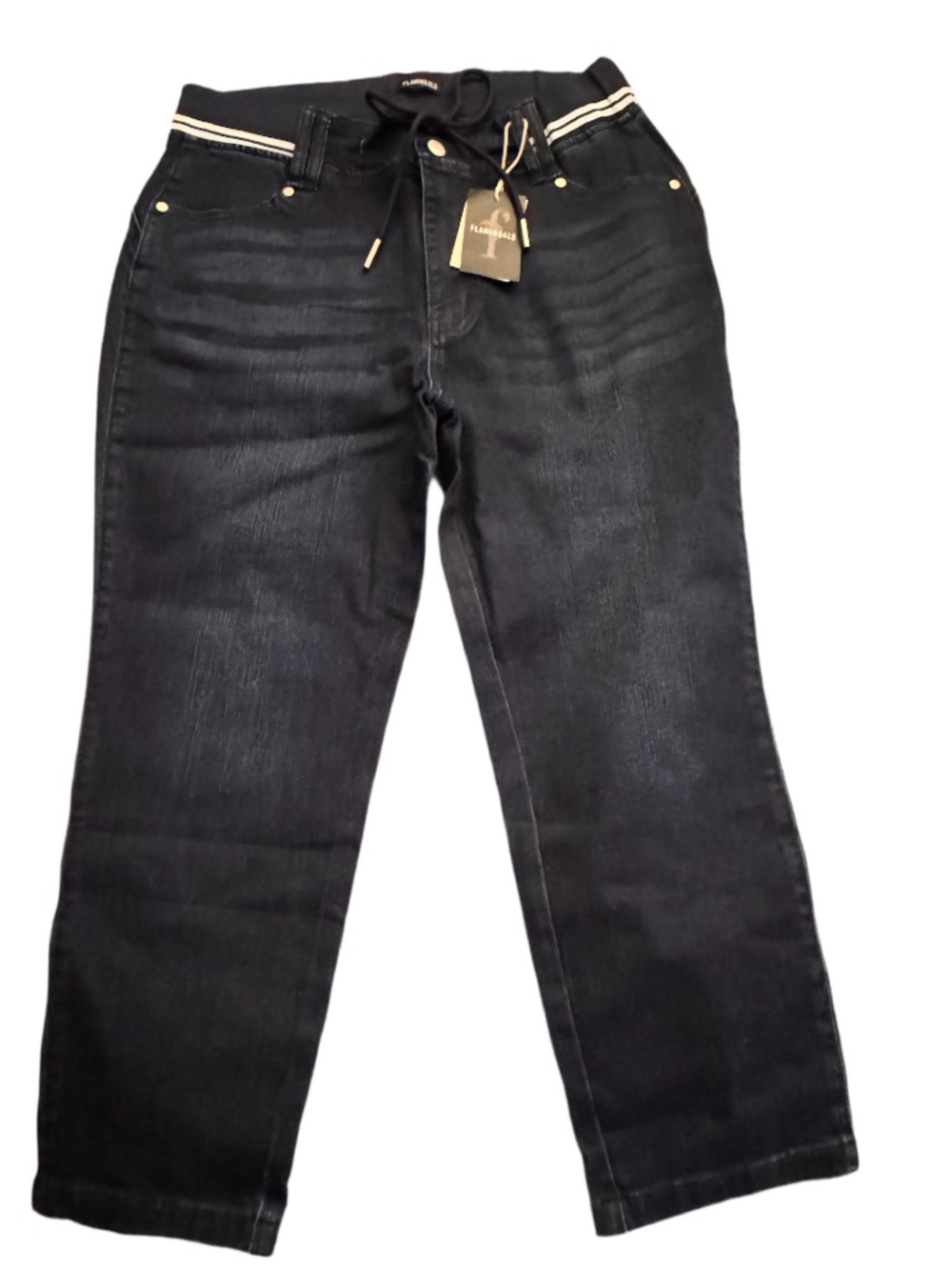 Flamingals 2XL Women’s Blue Slim Dark Denim Cropped Stretch Pants with Drawstrin